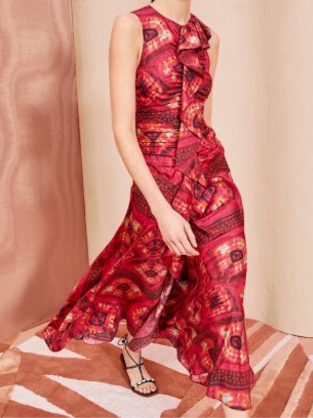 NWT Ulla Johnson Othella 100% Silk Floral Ruffle Midi Dress Pink Sz 4 - Picture 2 of 13